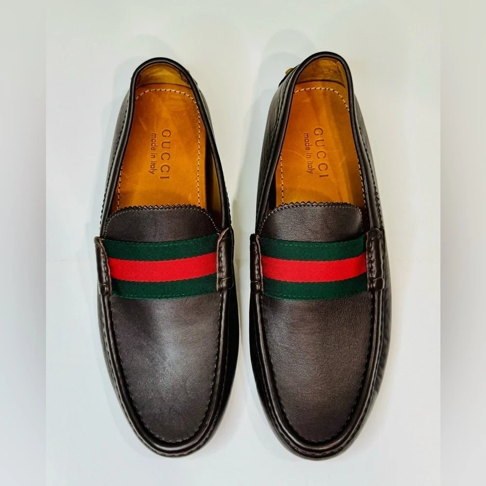 Men’s Gucci Web Accent Leather Drivers Moccasin Dark Brown Size 8.5 New no Box!